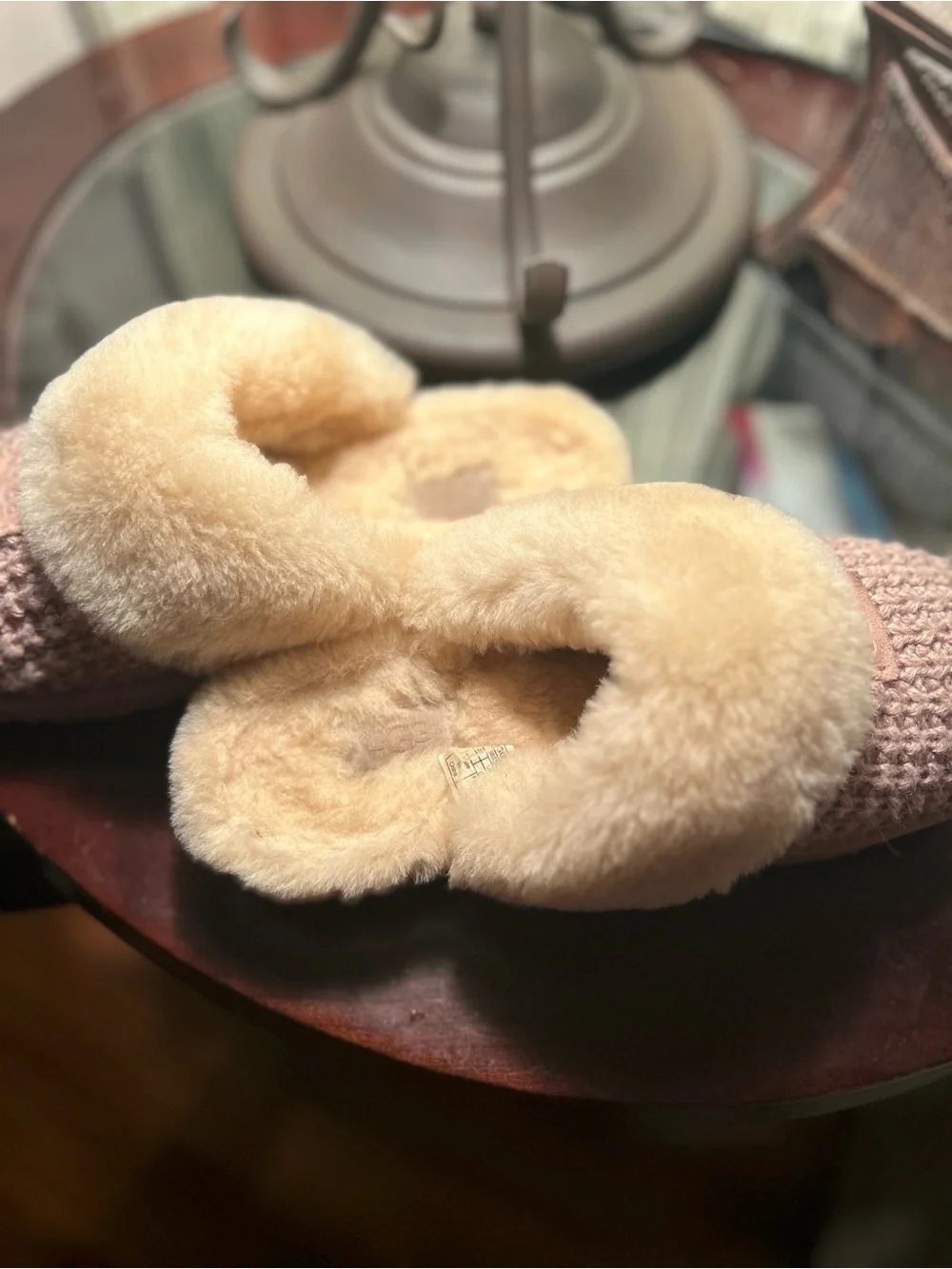 UGG Kids Blush Knit Slip-On Slippers with Cream Shearling Collar